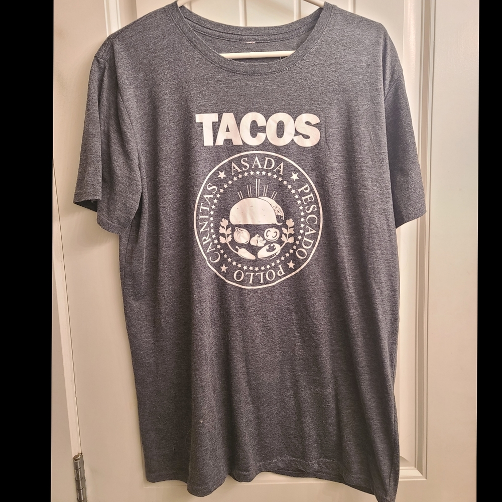 Tacos Graphic Tee | Ramones Style Logo | Grey | Size M